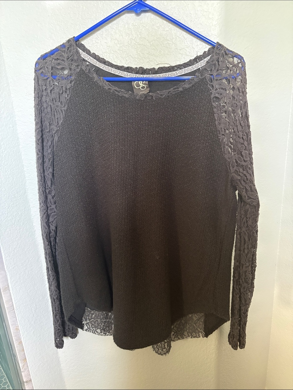Anthro One September Gray Lace Sleeve Knit Top